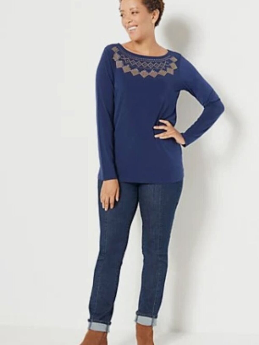 Susan Graver Artisan Liquid Knit Embellished Long-Sleeve Top-Navy-Small-A456417